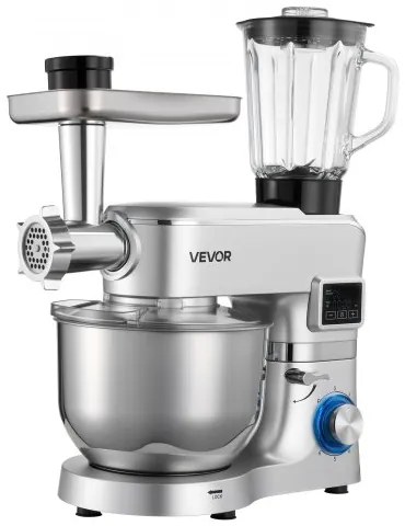 VEVOR Stand Mixer, 5.7 L Electric Kitchen Mixer, 1500W Dough-Mixer, 6+P Speeds Tilt-head Food-Mixer with 1.5 L Blender Cup, Stainless Steel Bowl, Dough Hook, Whisk, Beater, for Baking, Mixing, Silver