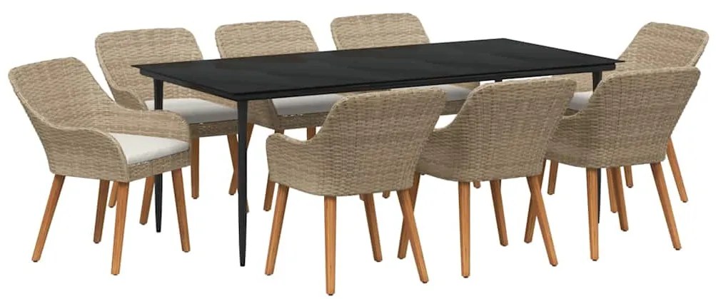 vidaXL Σέτ φαγητού για κήπο με μαξιλάρι 9 pcs Μπεζ συνθετικό ρατάν