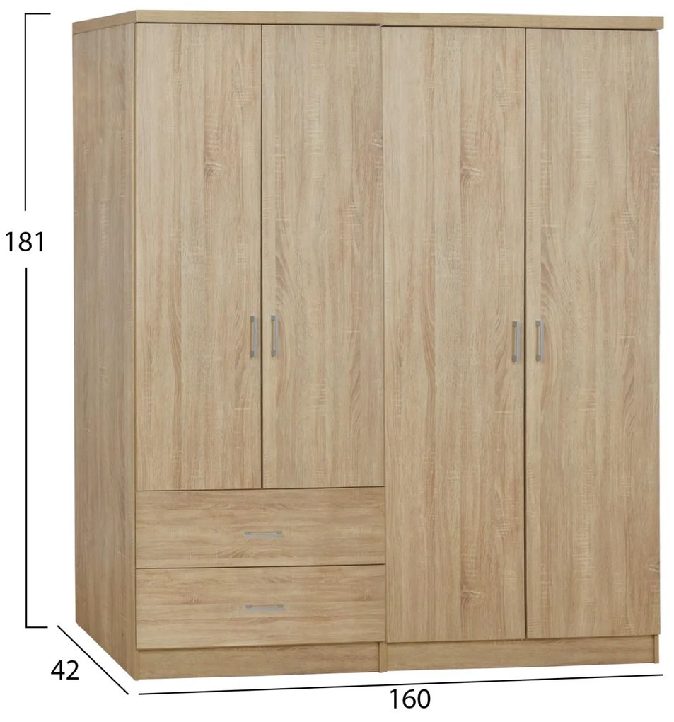 Ντουλάπα JENNA Τετράφυλλη με 2 Συρτάρια Sonama 160x42x181 εκ. 160x42x181 εκ.