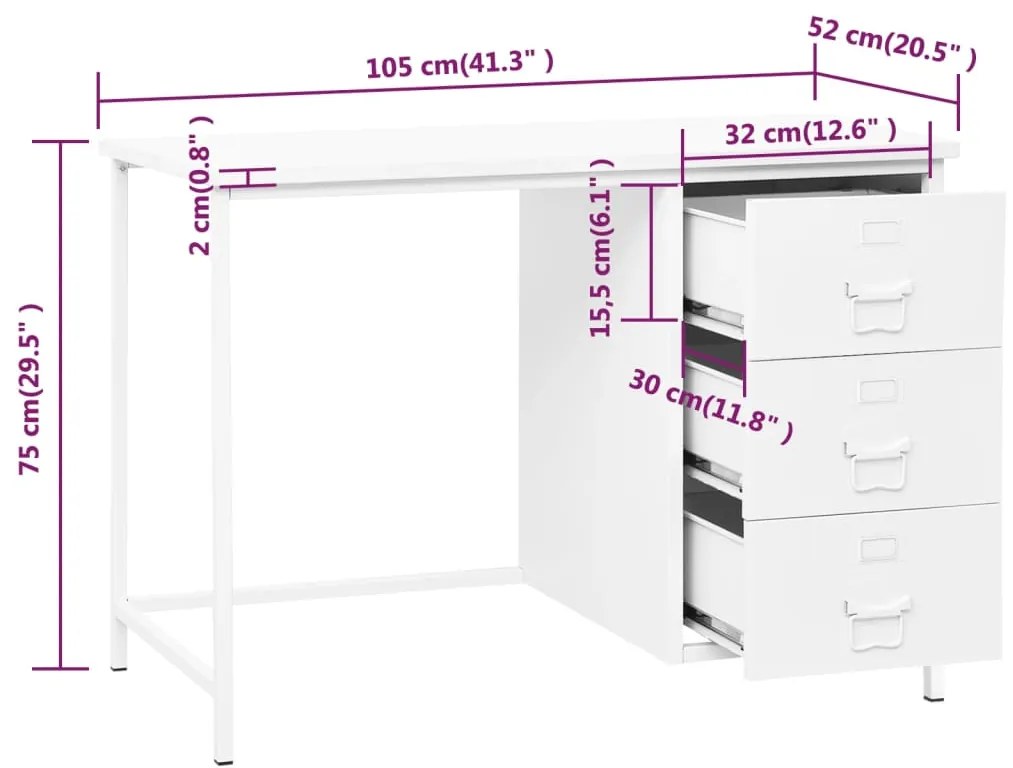 Βιομηχανικό Γραφείο με Συρτάρια Λευκό 105x52x75 εκ. Ατσάλινο - Λευκό