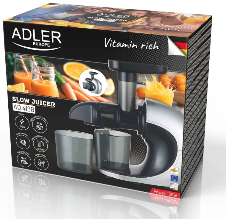 Αποχυμωτής Slow juicer Adler AD 4130, 150W, 650 ml, 90-105 σ.α.λ, Γκρι