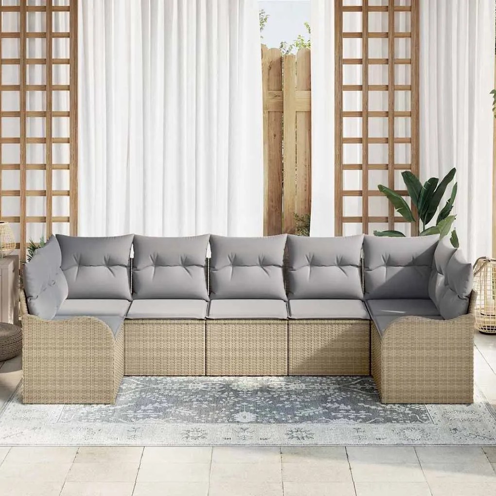 vidaXL Σετ Καναπέ Κήπου με μαξιλάρι 7 pcs Μπεζ Πολυ ράταν