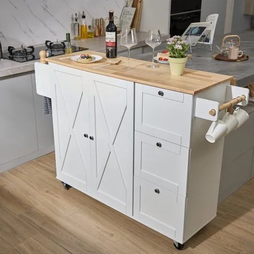 VEVOR Kitchen Island Cart with Solid Wood Top, 45.3&quot; Width Mobile Carts with Storage Cabinet, Rolling Kitchen Table with Spice Rack, Towel Rack, Drop Leaf and Drawer, Portable Islands on Wheels, White