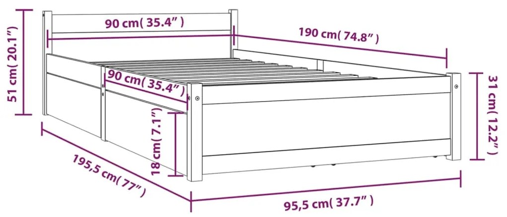vidaXL Πλαίσιο Κρεβατιού με Συρτάρια 90 x 190 εκ Single