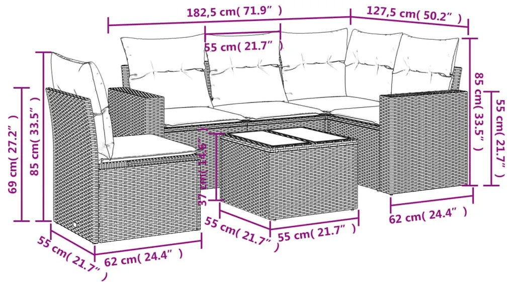 vidaXL Σαλόνι Κήπου 6 Τεμαχίων από Γκρι Συνθετικό Ρατάν με Μαξιλάρια
