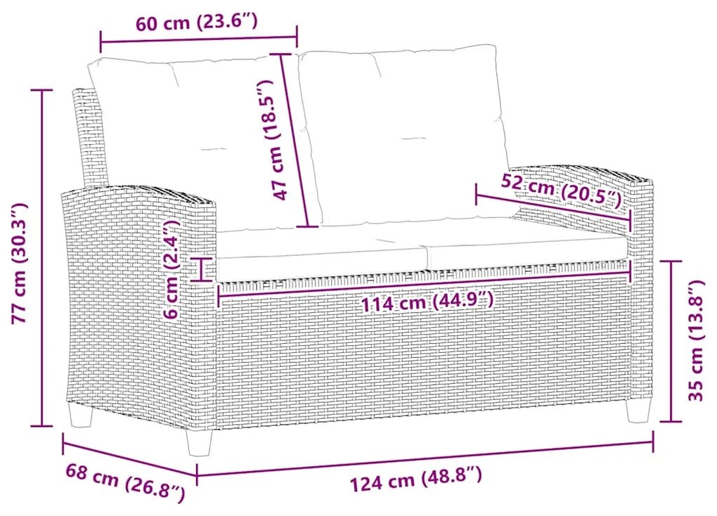 vidaXL Καναπές Κήπου Διθέσιος Μαύρος 124 εκ. Συνθ. Ρατάν με Μαξιλάρια