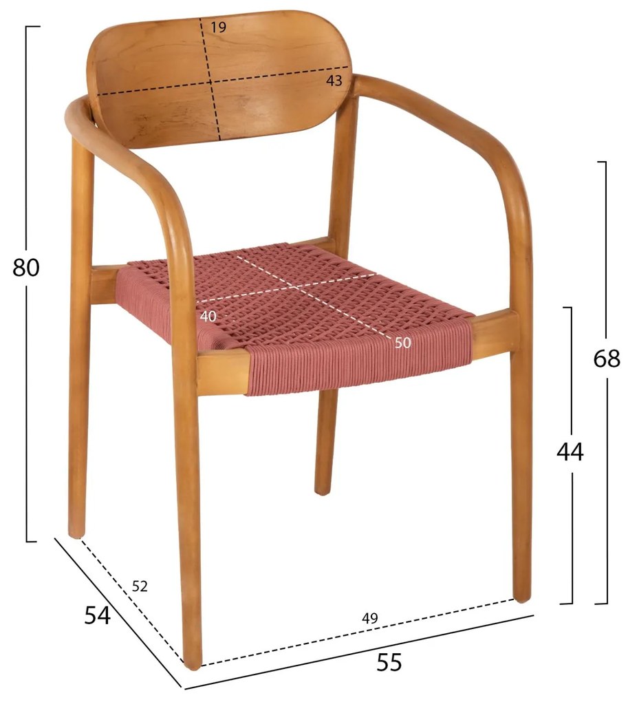 Πολυθρόνα OSLO Ξύλο Teak Φυσικό και Σχοινί Ρόζ 55x54x80Yεκ. 55x54x80 εκ.
