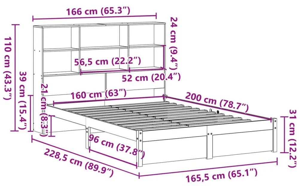 Κρεβάτι Βιβλιοθήκη Χωρίς Στρώμα 160x200 εκ Μασίφ Ξύλο Πεύκου - Καφέ