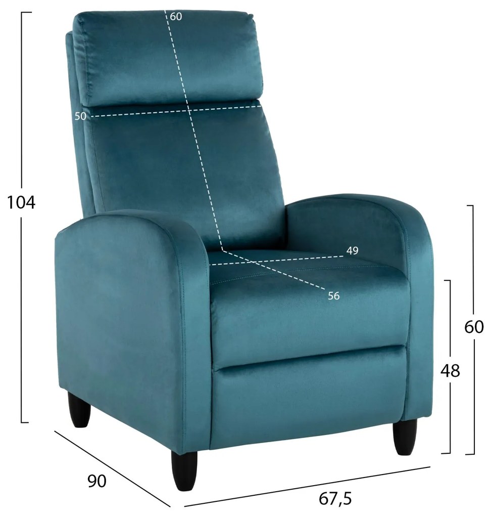 Πολυθρόνα HIBER RELAX C9782.06 Πετρόλ Βελούδο 67,5x90x104Υ εκ. 67.5x90x104 εκ.