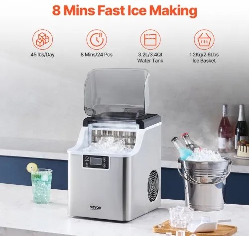 VEVOR Portable Countertop Ice Maker 45Lbs/24H Self-Cleaning with Scoop Basket
