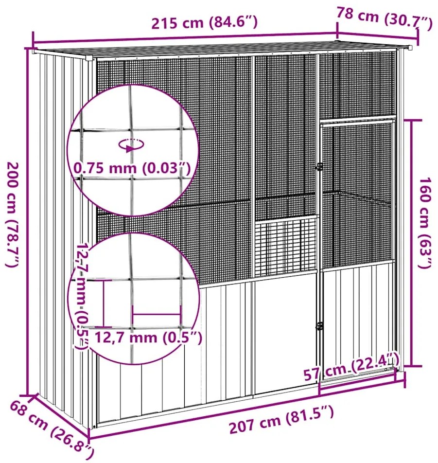 vidaXL Κλουβί Πουλιών Ανθρακί 215x78x200 εκ. από Γαλβανισμένο Χάλυβα