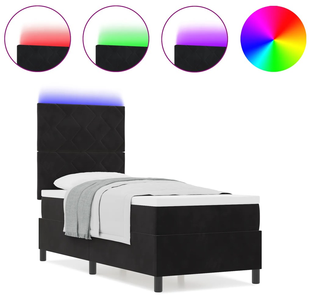 vidaXL Κρεβάτι Box Spring με Στρώμα & LED μαύρο 80x200 εκ Βελούδο