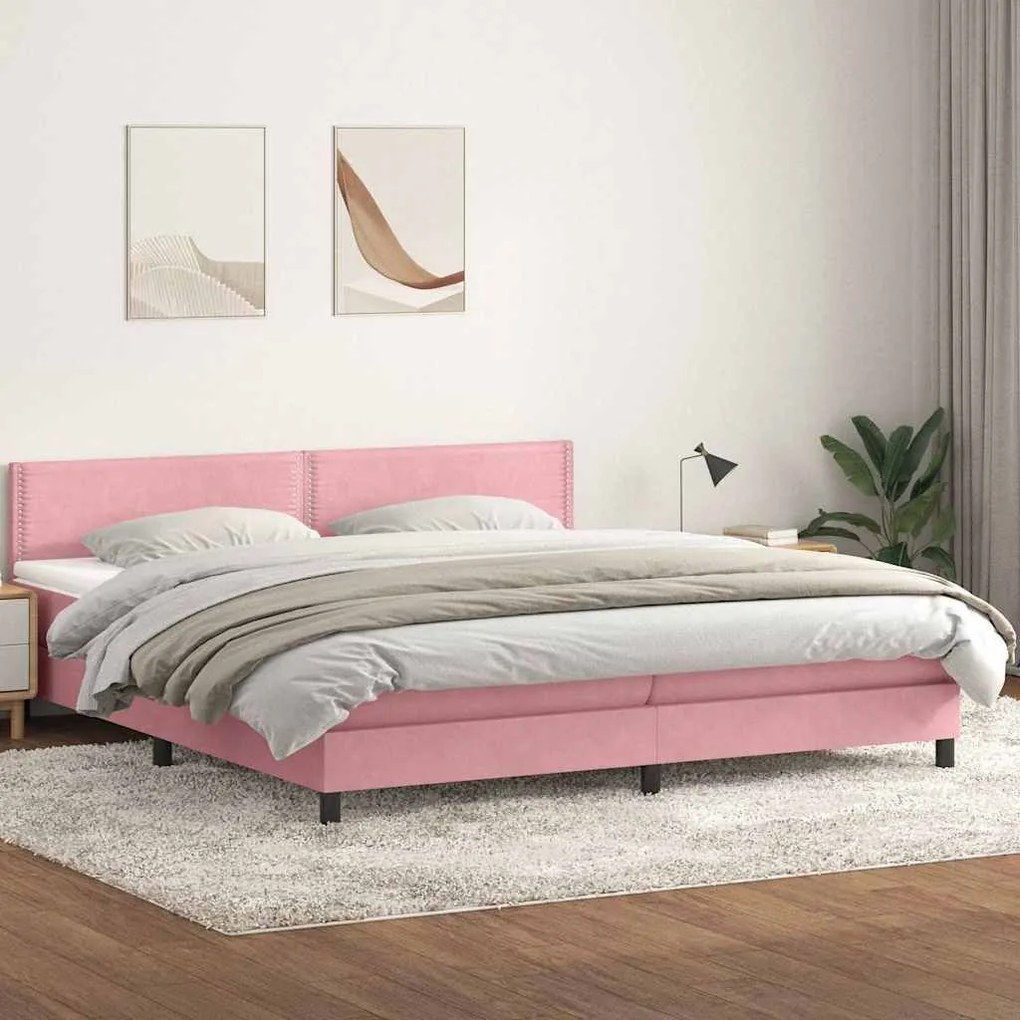 Κρεβάτι Boxspring με Στρώμα Ροζ 180x210 εκ. Βελούδινο - Ροζ