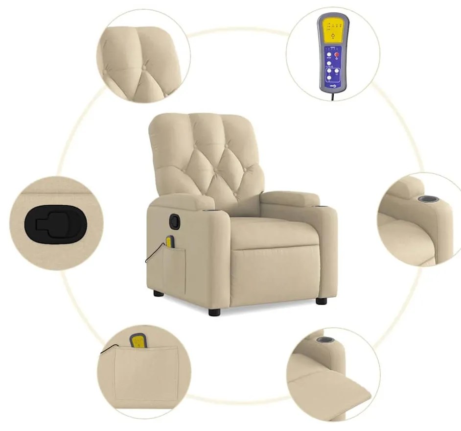 vidaXL Πολυθρόνα Μασάζ Ανακλινόμενη Κρεμ Υφασμάτινη