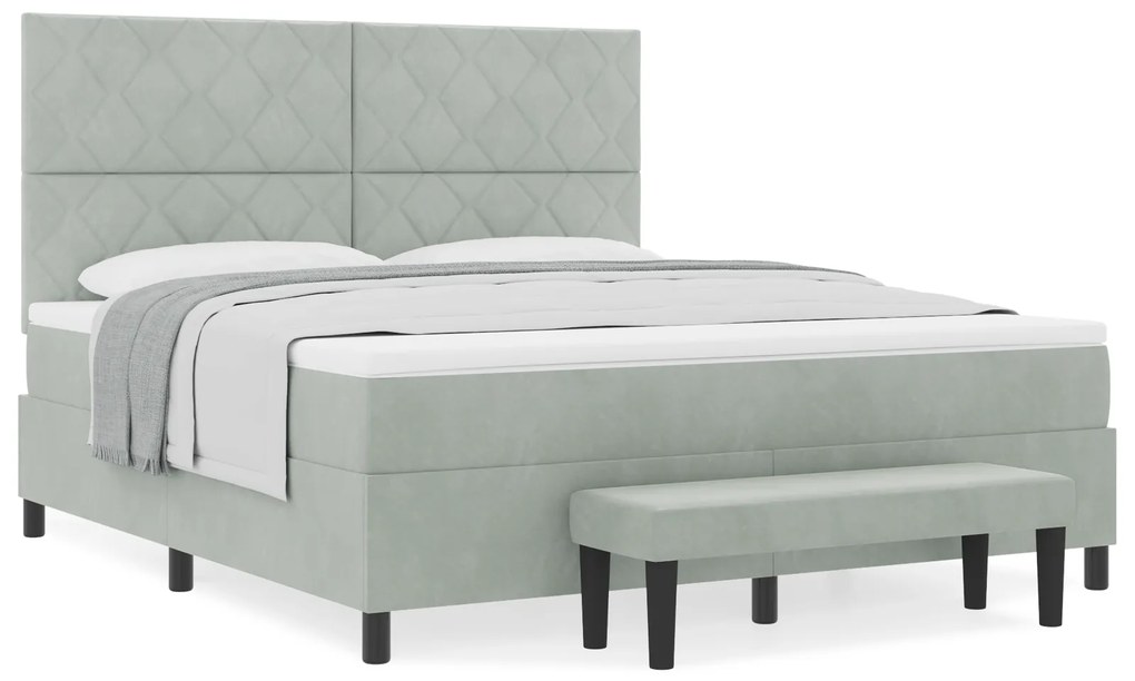 vidaXL Κρεβάτι Box Spring με Στρώμα & Πάγκο Ανοιχτό Γκρι 180x200 εκ. Βελούδινο