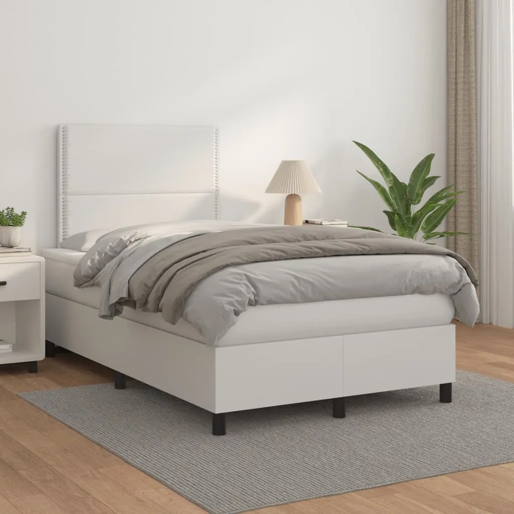 vidaXL Κρεβάτι Boxspring με Στρώμα Λευκό 120x190εκ.από Συνθετικό Δέρμα