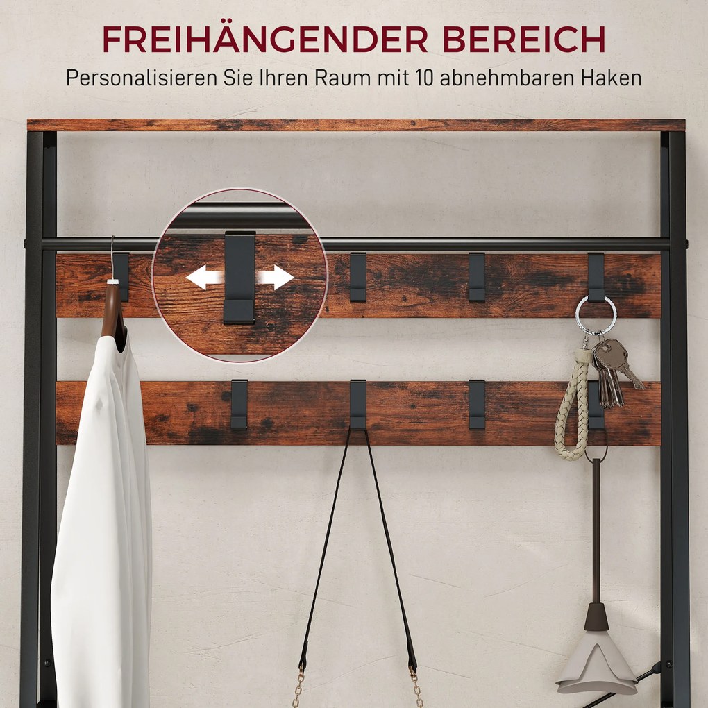 Κρεμάστρα HOMCOM με παπουτσοθήκη, βάση παλτών με πάγκο, 10 γάντζους, 2 υφασμάτινα συρτάρια, ράβδο ρούχων, μοριοσανίδα, μέταλλο, καφέ