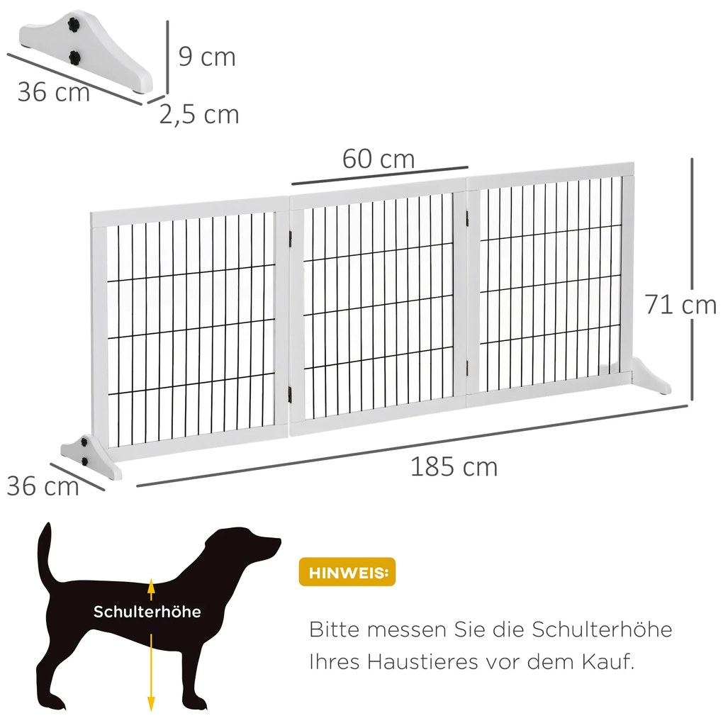 PawHut Πτυσσόμενο Φράγμα Σκύλου με Πόδια Στήριξης, Πύλη Ασφαλείας για Σκύλους, Πύλη Τζακιού & Σόμπας, Ξύλο Πεύκου Λευκό 185 x 36 x 71 cm