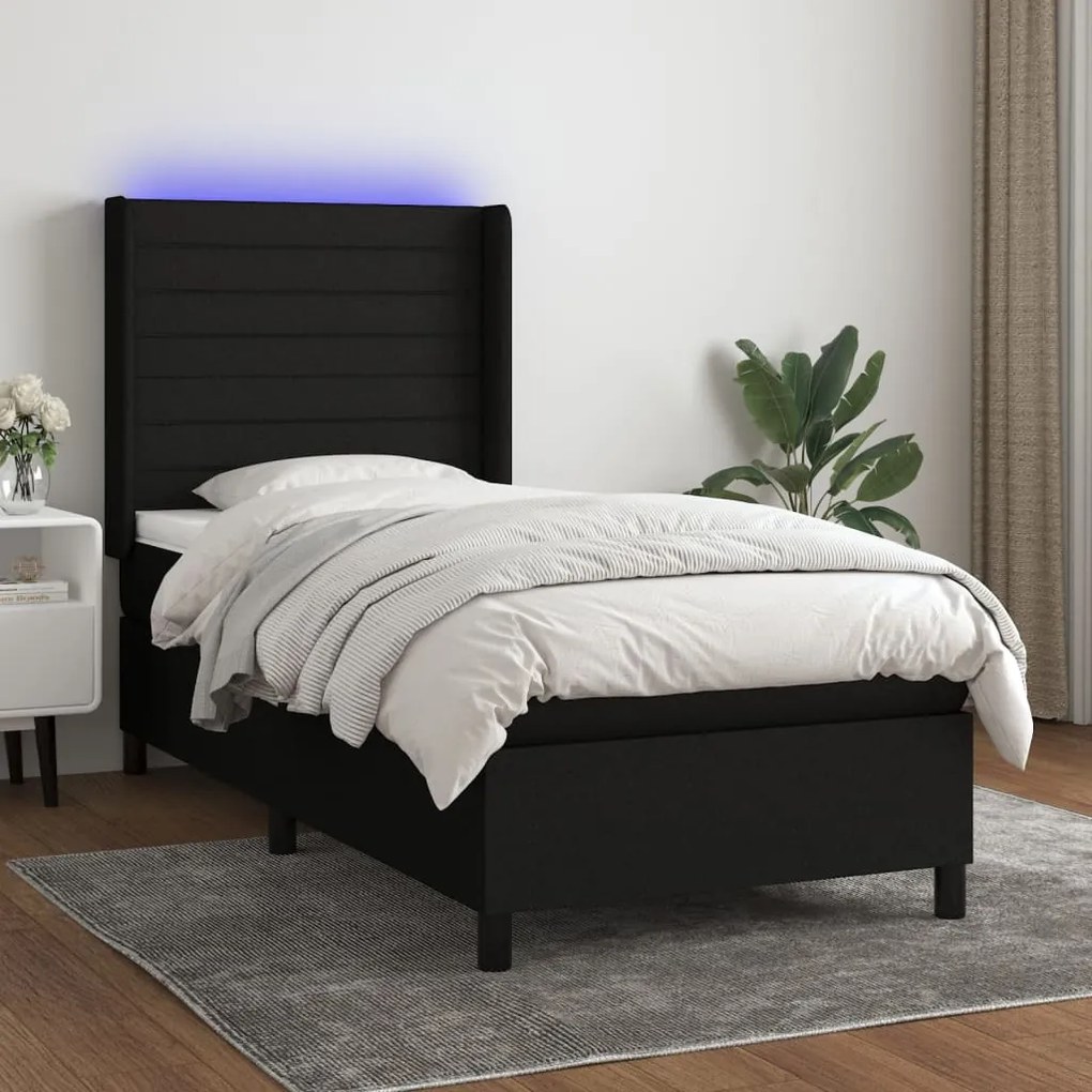 Κρεβάτι Boxspring με Στρώμα &amp; LED Μαύρο 90x200 εκ. Υφασμάτινο