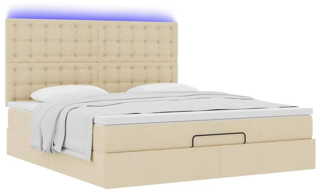 vidaXL Οθωμανικό κρεβάτι με στρώμα & LEDs Cream 160x200cm ύφασμα