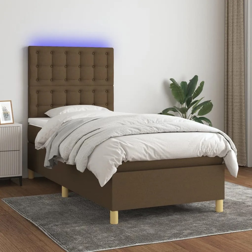 vidaXL Κρεβάτι Boxspring με Στρώμα & LED Σκ.Καφέ 90x190 εκ. Υφασμάτινο