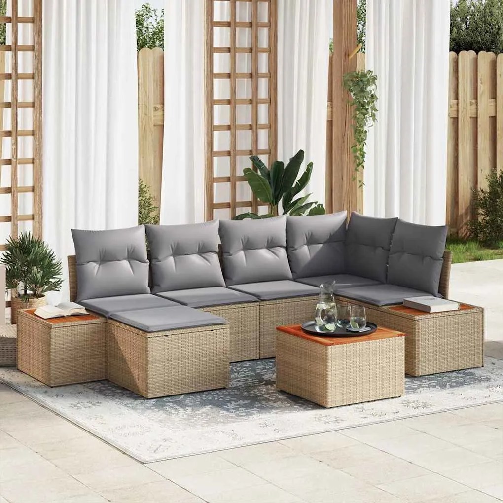 vidaXL Σετ Καναπέ Κήπου με μαξιλάρι 7 pcs Μπεζ Πολυ ράταν