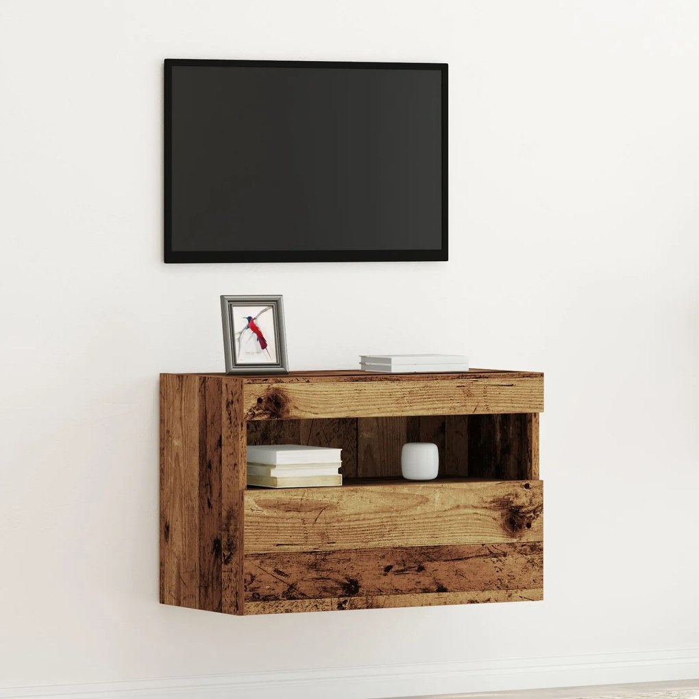Τηλεοπτική Βαθμίδα με LED Φώτα Παλιό Ξύλο 60x30x40 εκ