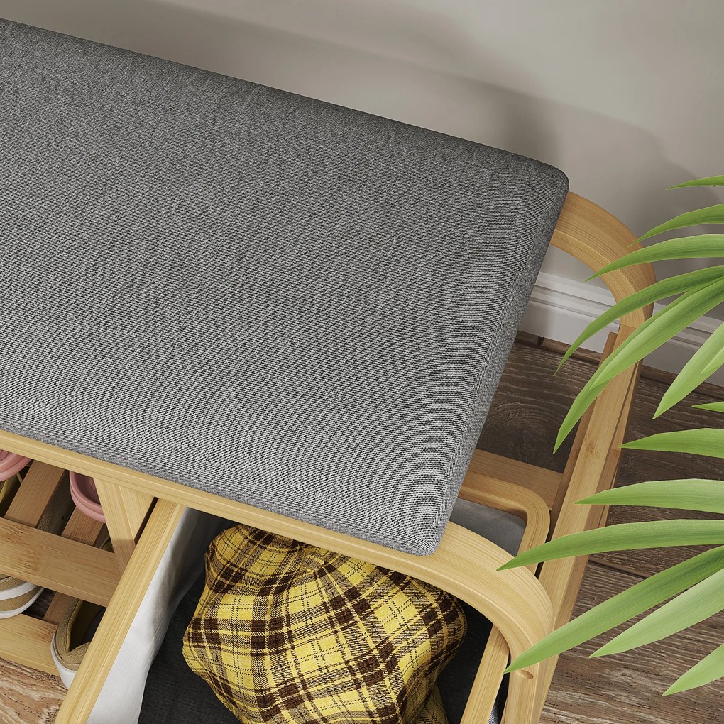 HOMCOM Παπουτσοθήκη με ράφια, παπουτσοθήκη, μπαμπού, ταπετσαρισμένο κάθισμα, Γκρι