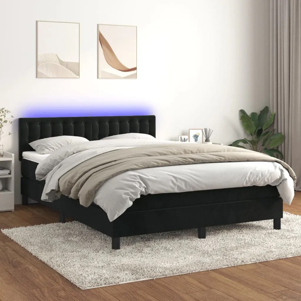 Κρεβάτι Boxspring με Στρώμα &amp; LED Μαύρο 140x200 εκ. Βελούδινο - Μαύρο