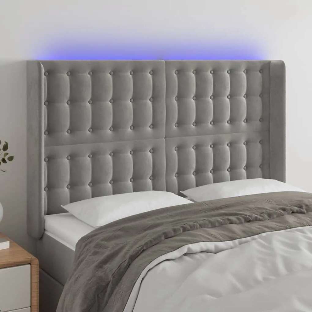 Κεφαλάρι Κρεβατιού LED Ανοιχτό Γκρι 147x16x118/128εκ. Βελούδινο - Γκρι