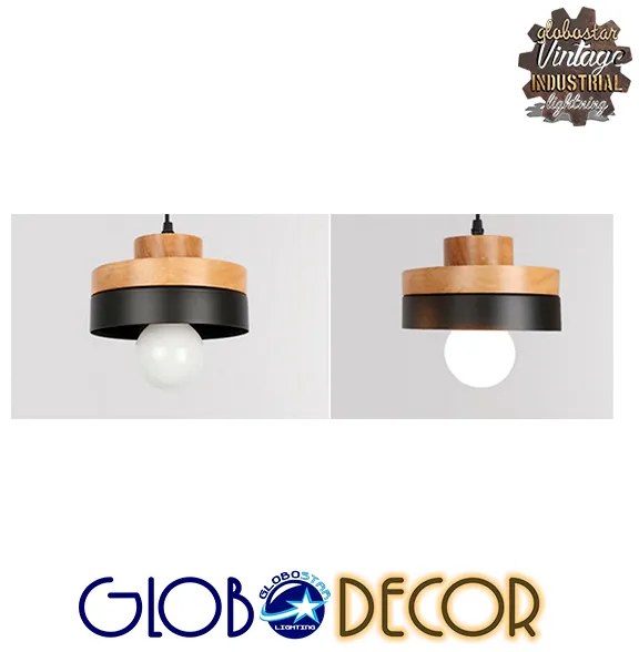 GloboStar® RUHIEL 01233 Μοντέρνο Κρεμαστό Φωτιστικό Οροφής Μονόφωτο 1 x E27 Μαύρο Μεταλλικό με Φυσικό Ξύλο Καμπάνα Φ18 x Y12cm