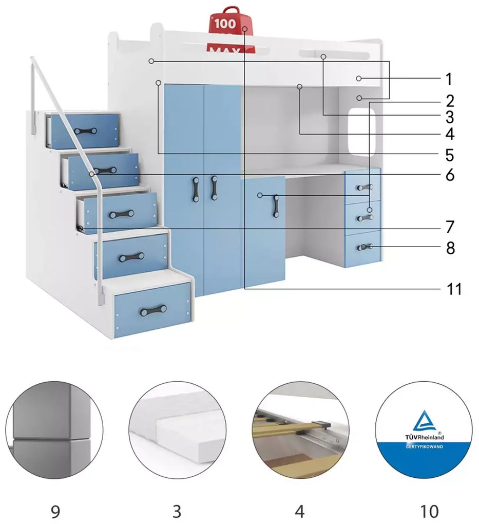 Κουκέτα Steps Plus  White + Blue  80×200cm (Δώρο το Στρώμα)