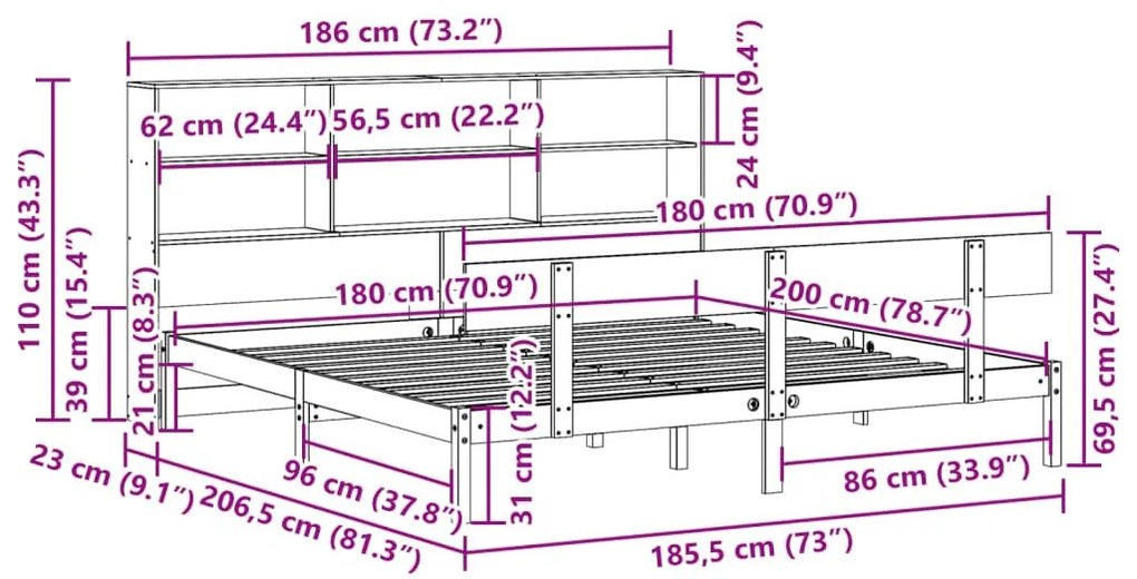 Κρεβάτι Βιβλιοθήκη Χωρίς Στρώμα 180x200 εκ Μασίφ Ξύλο Πεύκου - Λευκό