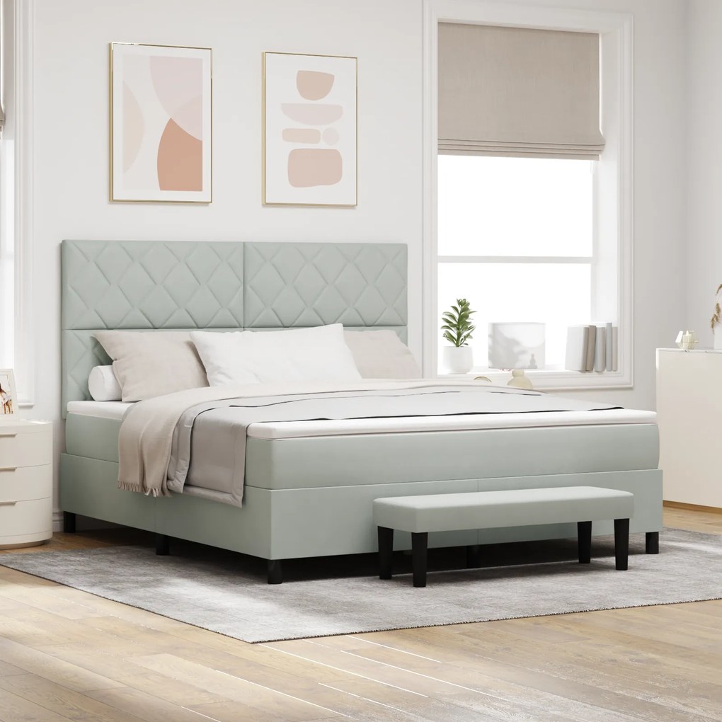 vidaXL Κρεβάτι Box Spring με Στρώμα & Πάγκο Ανοιχτό Γκρι 180x200 εκ. Βελούδινο
