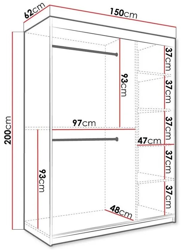 Ντουλάπα Hartford 254, Μαύρο μάρμαρο, Μαύρο ματ, 200x150x62cm, 125 kg, Πόρτες ντουλάπας: Ολίσθηση, Αριθμός ραφιών: 5, Αριθμός ραφιών: 5 | Epipla1.gr