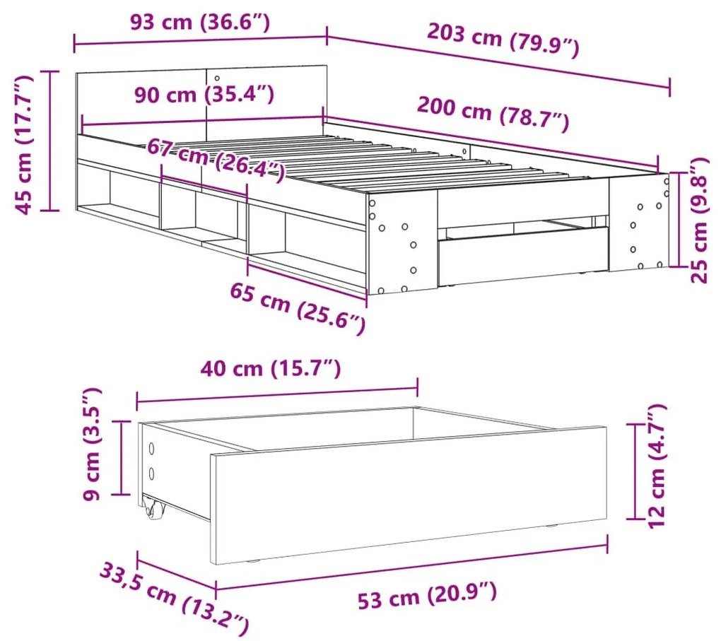 Πλαίσιο Κρεβατιού με συρτάρια Καφέ δρυς 90x200 εκ. Επεξ. Ξύλο - Καφέ