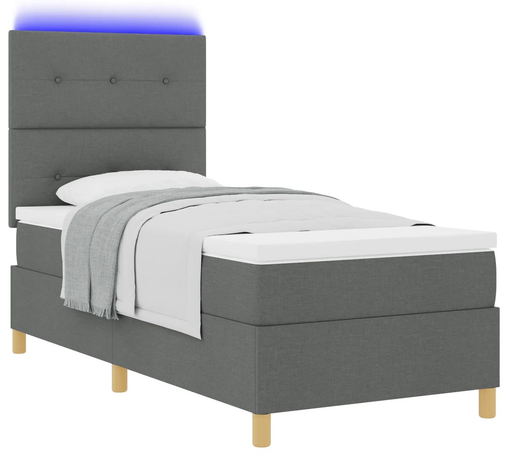 vidaXL Κρεβάτι Box Spring με Στρώμα & LED Σκοτεινό Γκρι 90x200 εκ. Υφάσματος