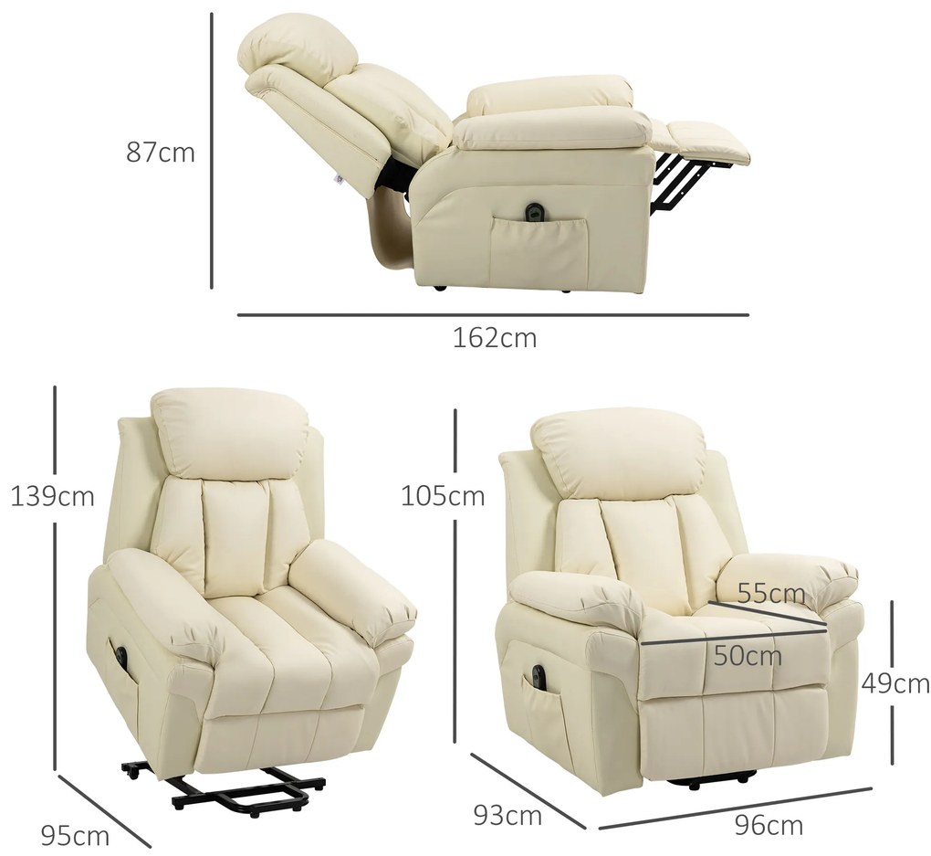 HOMCOM Πολυθρόνα Relax με Βοήθεια Ανύψωσης, περιλαμβάνει Υποπόδιο και Προσκέφαλο, 1 Τηλεχειριστήριο, Κρεμ Λευκό