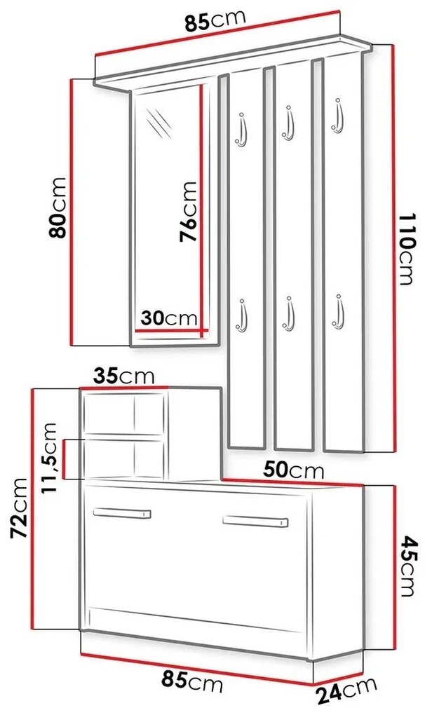 Σετ διαδρόμου Mandeville 100, 85x24cm, 26 kg, Καθρέφτης, Άσπρο, Πλαστικοποιημένη μοριοσανίδα, Τοίχου, Εντοιχισμένη | Epipla1.gr
