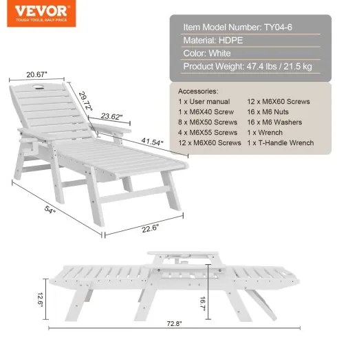 VEVOR Chaise Lounge Chair, 181 kg Weight Capacity, 6 Positions Adjustable Patio Lounge Chair, Outdoor HDPE Lounge Chair with Backrest & Cup Holder, for Pool Poolside Deck Backyard Lawn, White