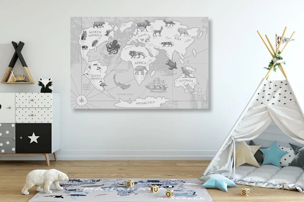 Εικόνα ασπρόμαυρο παγκόσμιο χάρτη με ζώα - 60x40