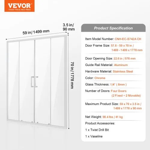 VEVOR Semi-frameless Double Sliding Shower Door SGCC Tempered Glass 1/4&quot; Chrome