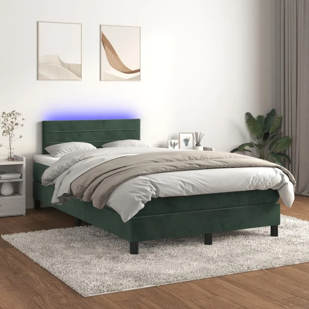 Κρεβάτι Boxspring με Στρώμα &amp; LED Σκ. Πράσινο 120x190εκ Βελούδο - Πράσινο