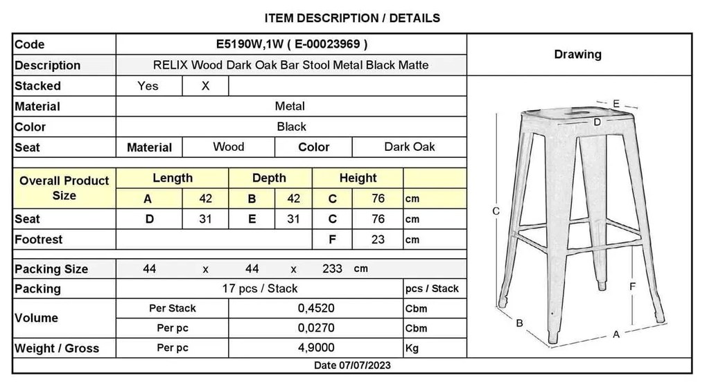 RELIX Wood Σκαμπό BAR, Μέταλλο Βαφή Μαύρο Matte, Κάθισμα Dark Oak, Στοιβαζόμενο