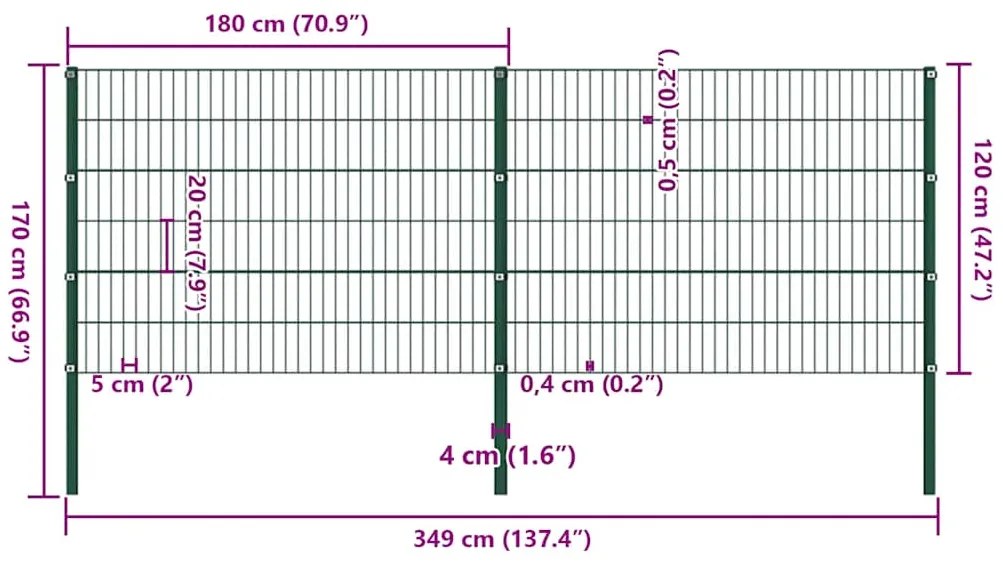 vidaXL Πάνελ Περίφραξης με Στύλους Σιδερένιο Πράσινο 349 x 120 εκ.
