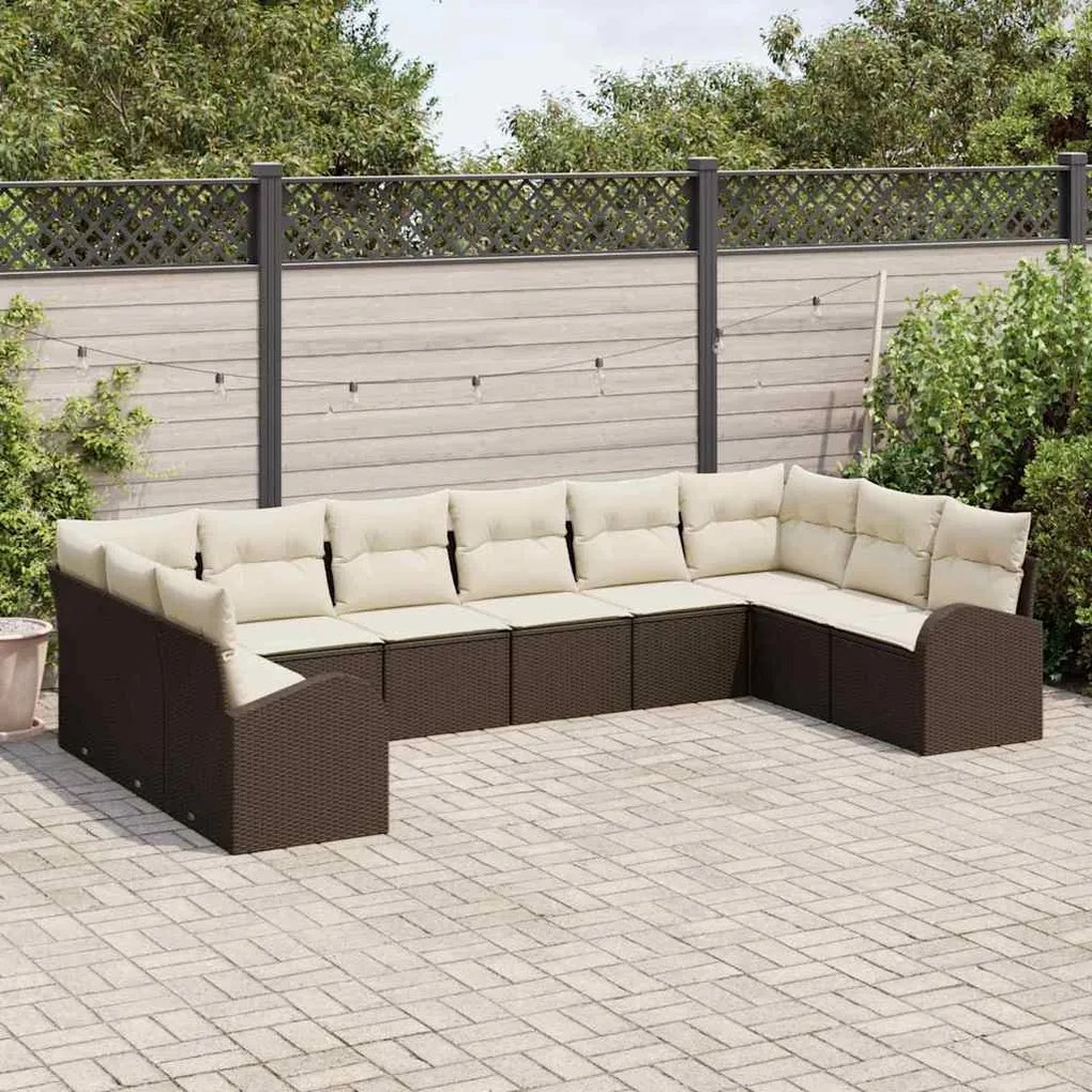vidaXL Σετ Καναπέ Κήπου 10 pcs Καφέ, Κρέμα Πολυ rattan, βαμμένο ατσάλι
