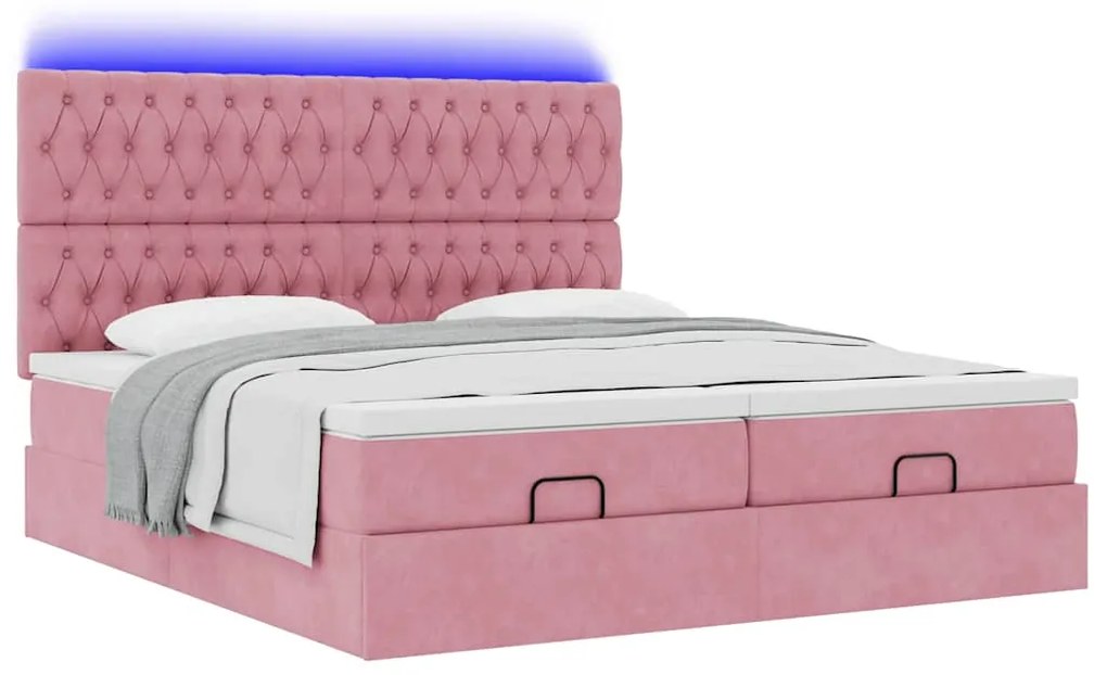 vidaXL Οθωμανικό κρεβάτι με στρώματα & LEDs Ροζ 180x200cm Velvet