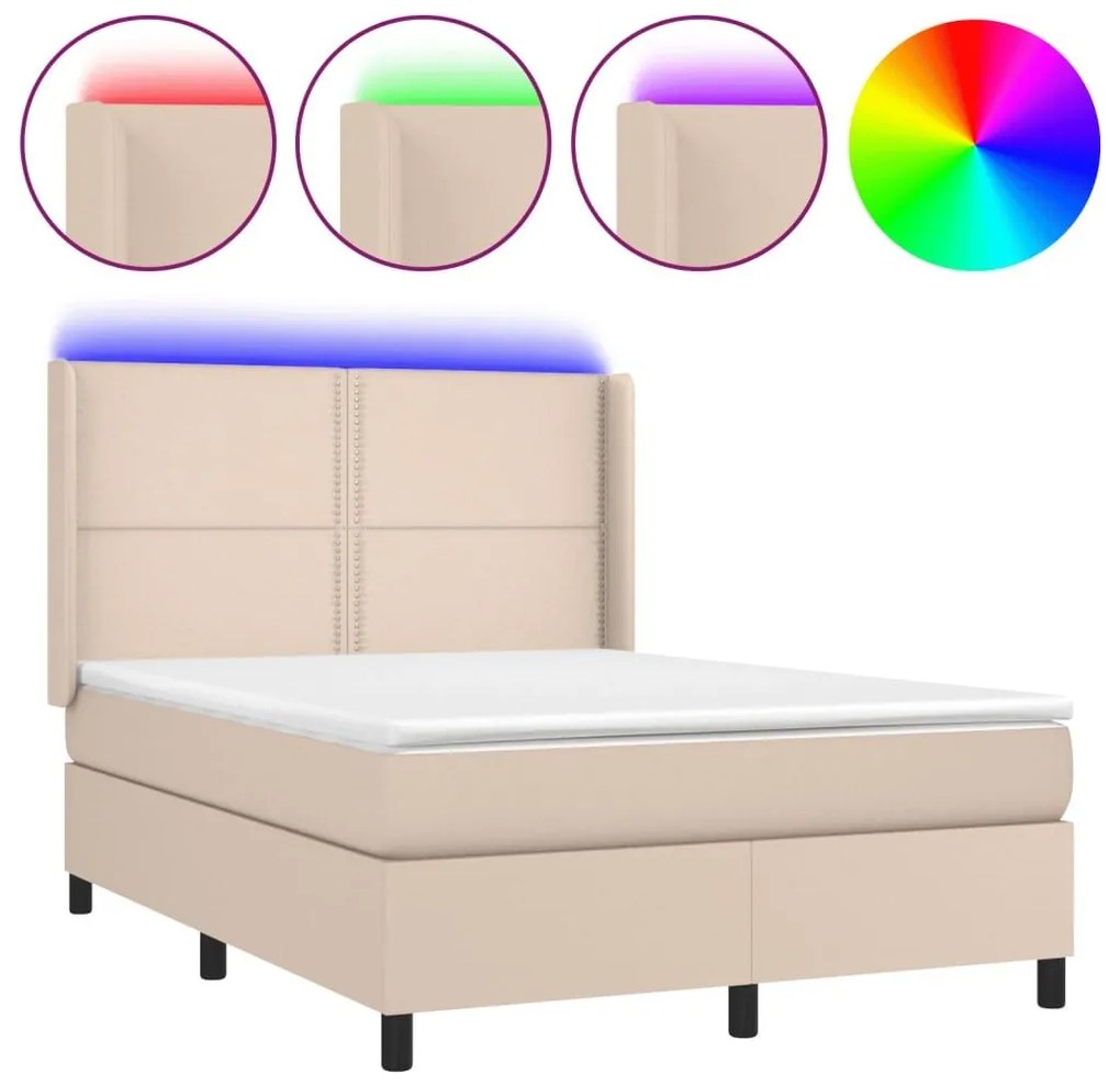 Κρεβάτι Boxspring Στρώμα&amp;LED Καπουτσίνο 140x190 εκ. Συνθ. Δέρμα - Καφέ