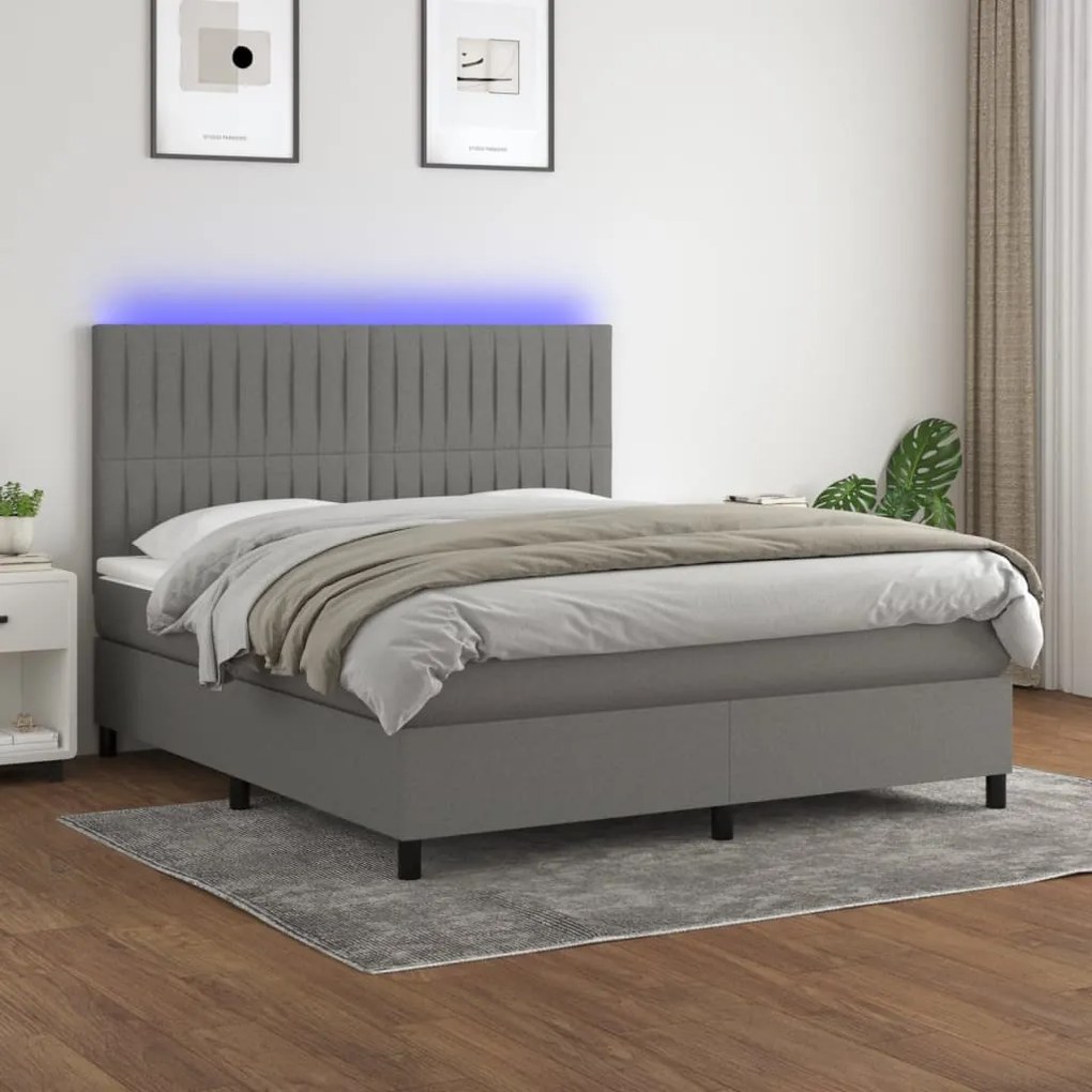 vidaXL Κρεβάτι Boxspring με Στρώμα &amp; LED Σκ.Γκρι 180x200 εκ Υφασμάτινο