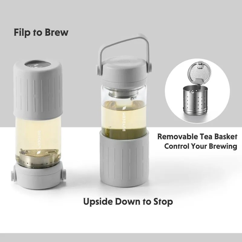 Γυάλινο μπουκάλι τσαγιού με εγχυτήρα Buydeem CD1008-PP, 325 ml, Ρυθμιζόμενο ζέσταμα, Λαβή, Μωβ